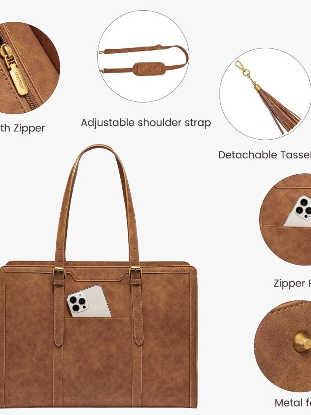 Laptop Bag for Women Vintage Leather Work Tote 15.6 inch Large Capacity Computer - Picture 5 of 8